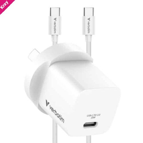 Verbatim Mini GaN 20W USB-C Charger, PD 3.0, PPS, QC 3.0, with 1m USB-C to USB-C Cable (60W, USB 2.0), AU Plug, White, OCP/OVP/SCP/OTP Protection