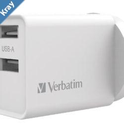 Verbatim USB Charger Dual Port 2.4A  White Twin Port Wall Charger
