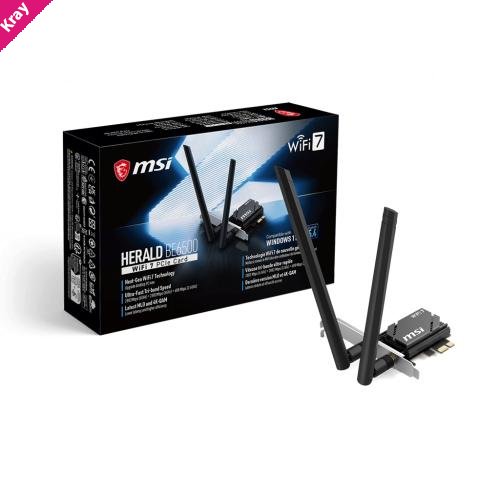 MSI HERALD BE6500 WiFi 7 PCIe Card, Tri-Band WiFi 7, BE6500, BT 5.4, PCIe x1, 2x2 up to 2882Mbps, WPA3, Win11