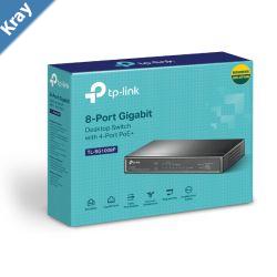 TPLink TLSG1008P 8Port Gigabit Desktop Unmanaged Switch with 4Port PoE 53W IEEE 802.3af Up to 64W for all PoE portsUp to 15.4W for each PoE por