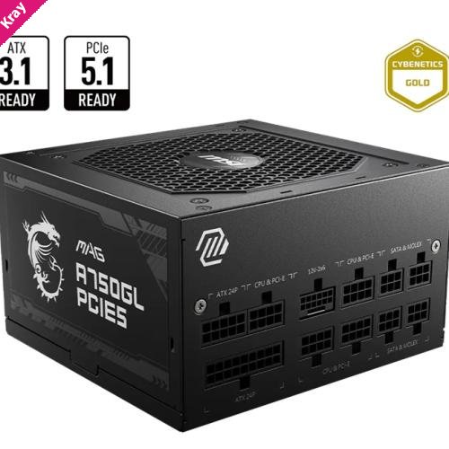 MSI MAG A750GL PCIE5 II Bulk – 750W ATX 3.1, 80+ Gold, full modular, PCIe 5.0 16-pin, 3x PCIe 6+2, 8x SATA, FDB fan, OCP/OVP/OPP/OTP/SCP/UVP, 120mm