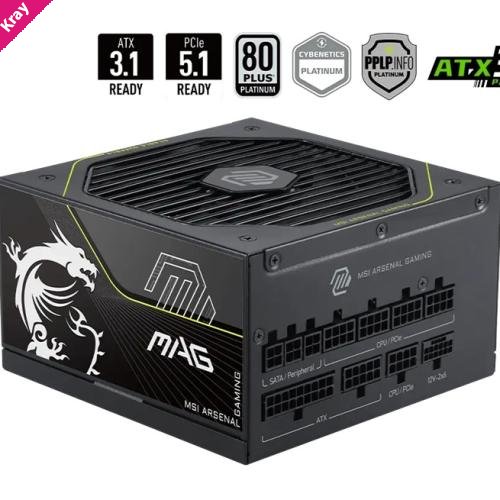 MSI MAG A1000PLS PCIE5, 1000W, 80 PLUS Platinum, Fully Modular, ATX, Native 12V-2x6 PCIe 5.1, 135mm FDB Fan, RTX 50 Series Ready