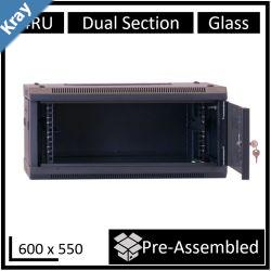 LDR Assembled 4U Hinged Wall Mount Cabinet 600mm x 550mm Glass Door  Black Metal Construction  Top Fan Vents  Side Access Panels