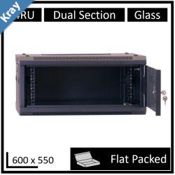 LDR Flat Packed 4U Hinged Wall Mount Cabinet 600mm x 550mm Glass Door  Black Metal Construction  Top Fan Vents  Side Access Panels