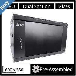 LDR Assembled 6U Hinged Wall Mount Cabinet 600mm x 550mm Glass Door  Black Metal Construction  Top Fan Vents  Side Access Panels