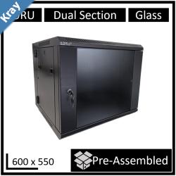 LDR Assembled 9U Hinged Wall Mount Cabinet 600mm x 550mm Glass Door  Black Metal Construction  Top Fan Vents  Side Access Panels