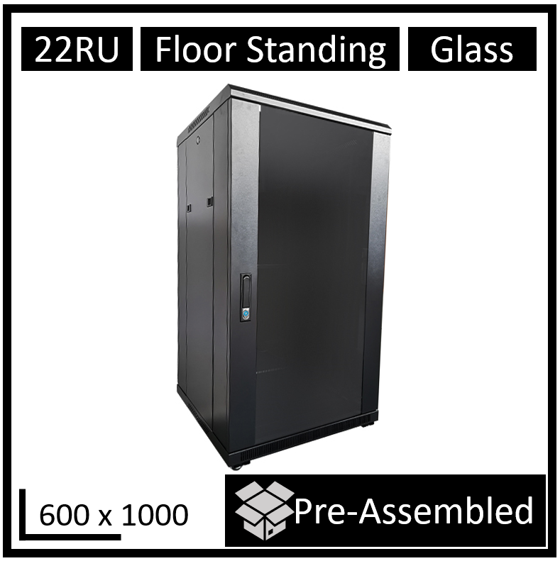LDR Assembled 22U Server Rack Cabinet L600mm x W1000mm x H1070mm Glass Door1x 8Port PDU 1x 4Way Fan 2x Fixed Shelves Black Metal Construction