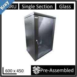 LDR Assembled 18U Wall Mount Cabinet 600mm x 450mm Glass Door  Black Metal Construction  Top Fan Vents  Side Access Panels