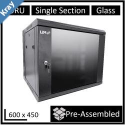 LDR Assembled 9U Wall Mount Cabinet 600mm x 450mm Glass Door  Black Metal Construction  Top Fan Vents  Side Access Panels