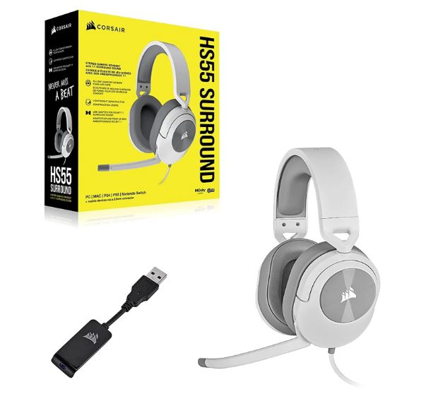 Corsair HS55 White 7.1 SURROUND Gaming Headset PS5 Switch. ICUE Discord Certified Ultra Comfort Foam 3.5mm Wired  LS