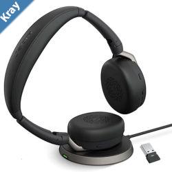 Jabra Evolve2 65 Flex MS Stereo Bluetooth Headset Link380a USBA Dongle  Wireless Charging Stand Included Foldable Design 2Yr Warranty