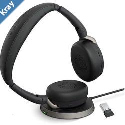 Jabra Evolve2 65 Flex MS Stereo Bluetooth Headset Link380c USBC Dongle  Wireless Charging Stand Included Foldable Design 2Yr Warranty