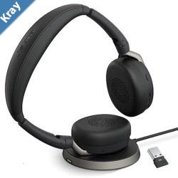 Jabra Evolve2 65 Flex UC Stereo Bluetooth Headset Link380a USBA Dongle  Wireless Charging Stand Included Foldable Design 2Yr Warranty