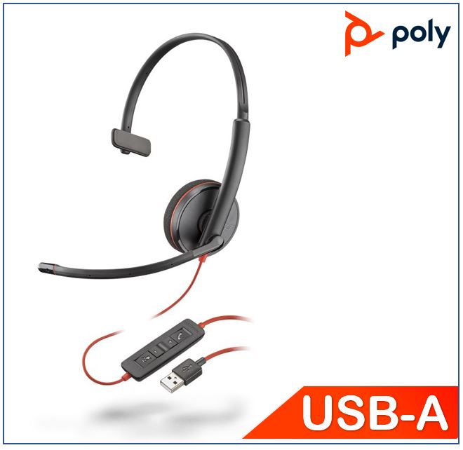 PlantronicsPoly Blackwire 3210 Headset USBA corded Monaural Noise canceling Dynamic EQ SoundGuard Intuitive call control Foam earcup