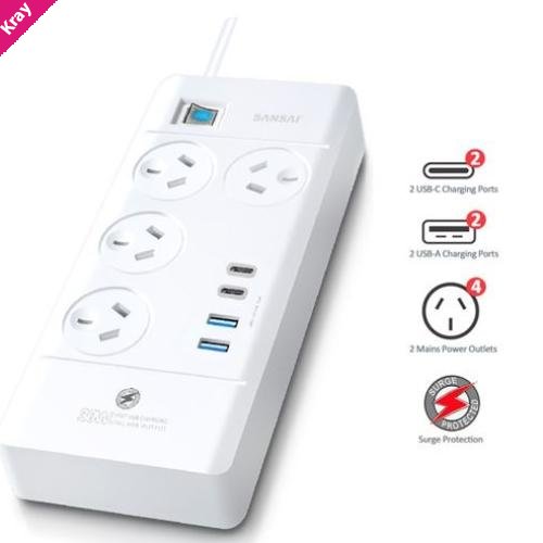 Sansai 4 Way Powerboard 4 Outlet 2×USB-A 2×USB-C Charging Ports Ports 10A 240V Individually Switched 2 extra spaced sockets 1M Length