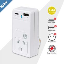 Sansai USB C  A 2xUSB charging Outlets Power Adaptor 240V 10A Surge protection Power status indicator Wall Charger