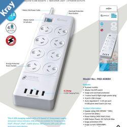 Sansai 8 Outlets  4 USB Outlets Surge Protected Powerboard Master OnOff switch 1M lead  Right angle plug 230240VAC IV Retail box