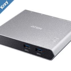 Aten Sharing Switch 2x2 USBC 2x Devices 2x USB 3.2 Gen2 Ports Power Passthrough Remote Port Selector Plug and Play
