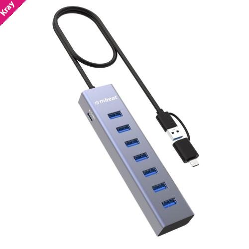 mbeat® 7-Port USB Hub with Dual USB-A & USB-C Connector 7 High-Speed USB 3.2 Gen 1 Ports