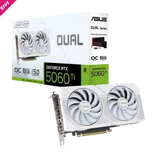ASUS Dual GeForce RTX™ 5060 Ti 8GB - White, OC Edition, NVIDIA®, GDDR7, 4608 CUDA Cores, 28Gbps, PCIe 5.0, HDMI 2.1b, DP 2.1b